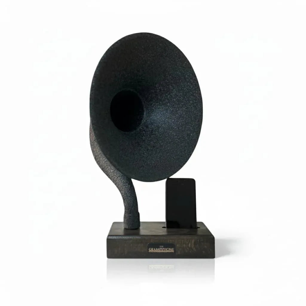 Handmade Acoustic Phone Speaker, Gramophone Phone Amplifier, Vintage Passive Speaker for Home Decor, Office Furniture Gift, Unique Handmade Smart Phone Dock - 17" Large - Walnut Wood & Black Horn - Handmade Lifestyle Shop