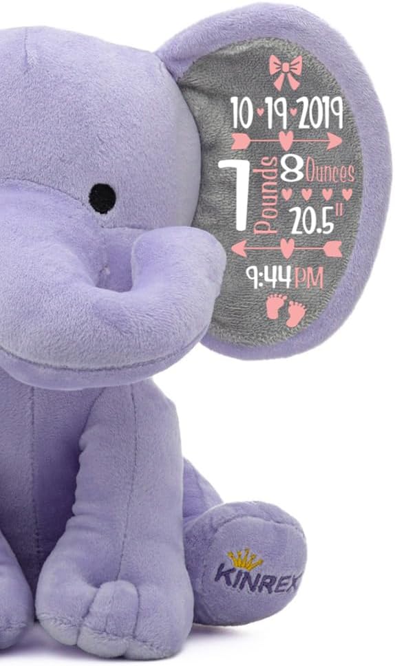 Personalized Elephant Stuffed Animal - Custom Birth Stats Announcement Stuff Elephants Animals for Babies, Baby Shower, Boy, Girl, Newborn, Customized Keepsake Plush Bear Gifts, Pink 9 Inches