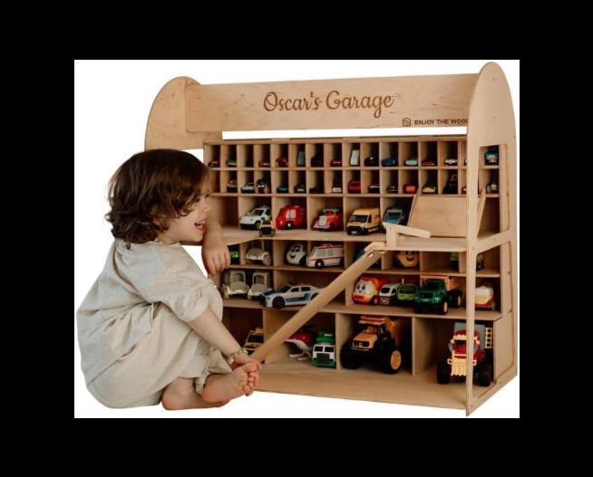 Toy Parking Garage with Elevator Wooden Toy Car Storage Small Car Compatible Gift for Toddlers 1-4 Years Old Organizer Case Shelf for Mini Toy Cars (Big, Natural) - Handmade Lifestyle Shop