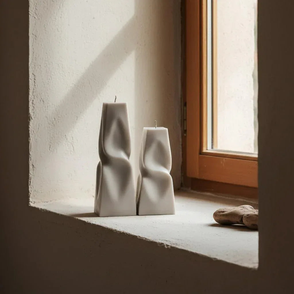 LAWA Twisted Pyramid Candle - Beautiful Handmade Pillar Soy Wax Elegant Aesthetic Candle Housewarming Gift Home Room Shelf Decor Idea (Set of 2) (White) - Handmade Lifestyle Shop