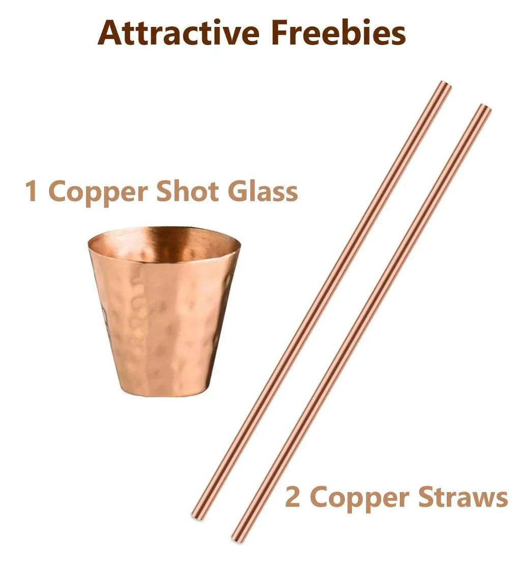 BOLD & DIVINE Moscow Mule Copper Mugs - Set of 2, 100% HANDCRAFTED - Food Safe Pure Copper Solid Mugs - 16 oz Gift Set with Premium Quality Cocktail Straws & Shot Glass! - Handmade Lifestyle Shop