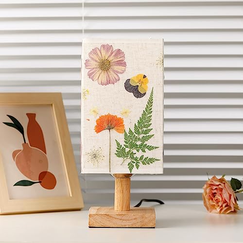 Dried Flowers Small Table Lamp 5W LED 3-Color Bedside Lamp Pressed Flowers Lampshade with Wood Base for Bedroom Living Room Desk Nursery