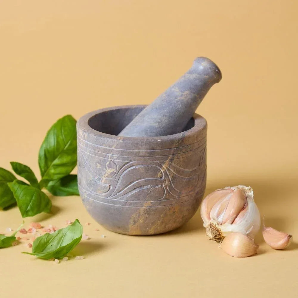 Small Mortar Pestle Set, Kitchen Tools, Kitchen Countertop Decor, Grinding, Crushing, Herbs, Garlic, Nuts, Spices, Rustic Style, Handcrafted, Made from Soapstone, Gray - Handmade Lifestyle Shop