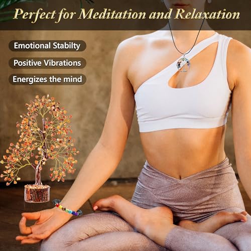 7 Chakra Healing Crystal Tree Kit, Bracelet, Pendant, Necklaces, Handmade Gemstone Money Bonsai Tree of Life Feng Shui Decor for Home Office, Positive Energy, Reiki Healing, for Women
