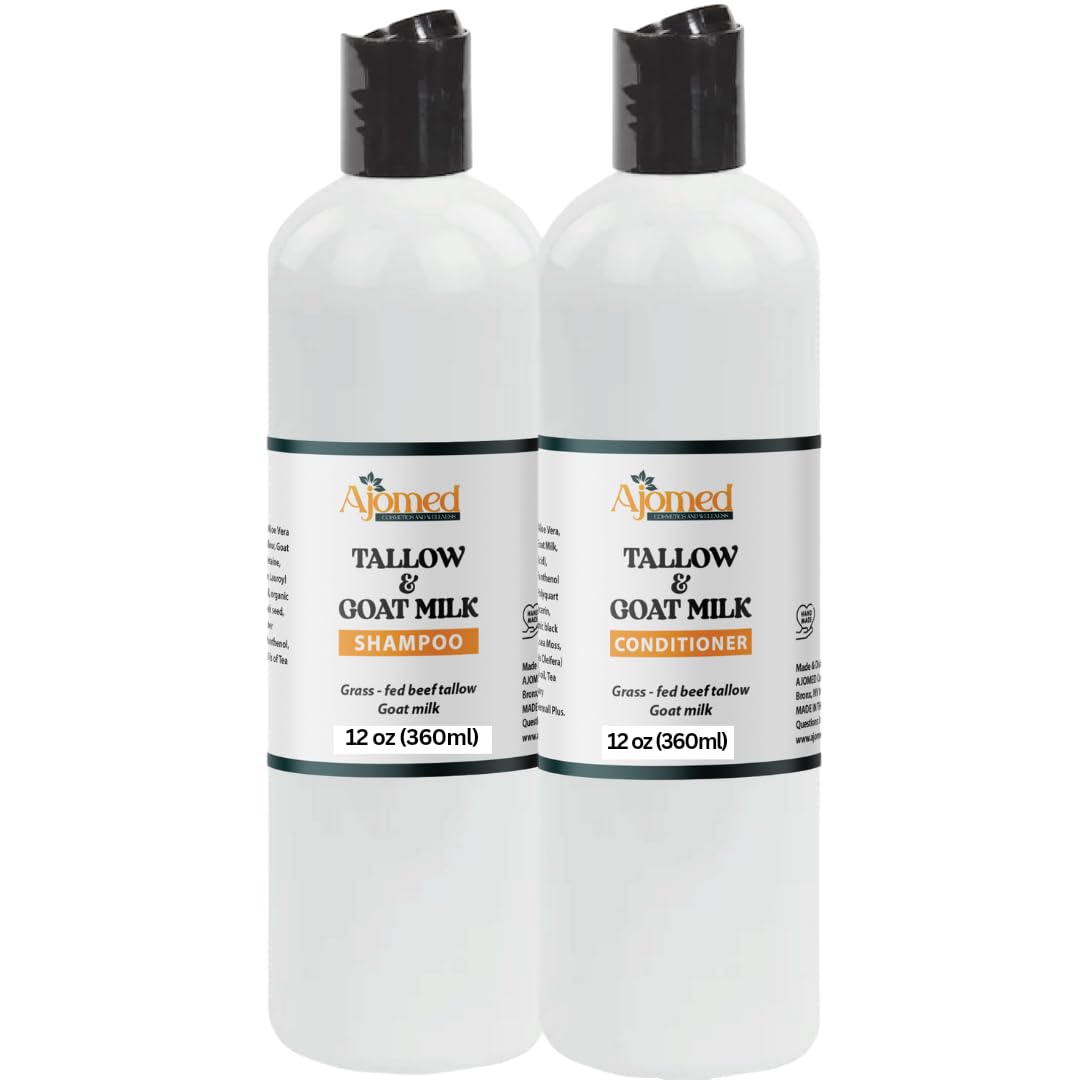 Beef Tallow & Goat Milk Shampoo and Conditioner Set - Handmade Hair Care for Thinning Relief, Sea Moss Shampoo and Conditioner, Thickening Formula for Hair Regrowth (Shampoo & Conditioner 8 Oz)