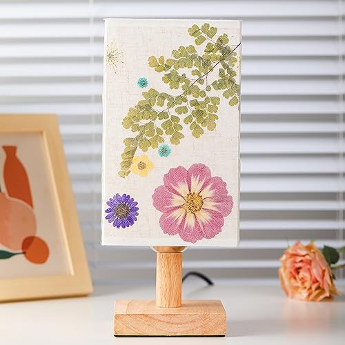 Dried Flowers Small Table Lamp 5W LED 3-Color Bedside Lamp Pressed Flowers Lampshade with Wood Base for Bedroom Living Room Desk Nursery