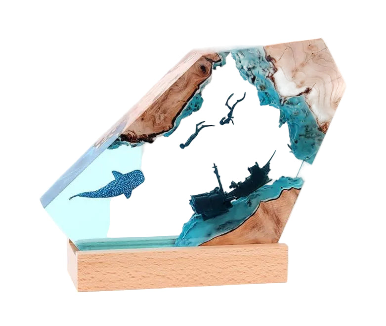 Handmade Ocean Resin Night Light Whale-Diver-Pirate Ship Epoxy Resin Ambient Light: Non-Stringy, Bubble-Free, High-Trans Night Light for Home Decor & Valentine's Gift (Whale-Diver-Pirate, 8 inches) - Handmade Lifestyle Shop