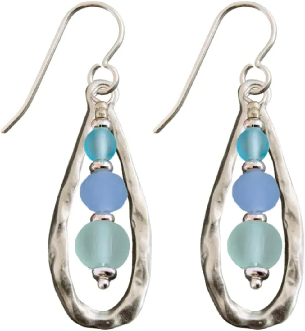 Ocean Breeze Antique Open Teardrop Dangle Earrings Sterling Silver Earwires Cultured Sea Glass Beads Frosted Soft Pastel Colors Blue Green Aqua Graduated Beading Boho Beach Jewelry for Women - Handmade Lifestyle Shop