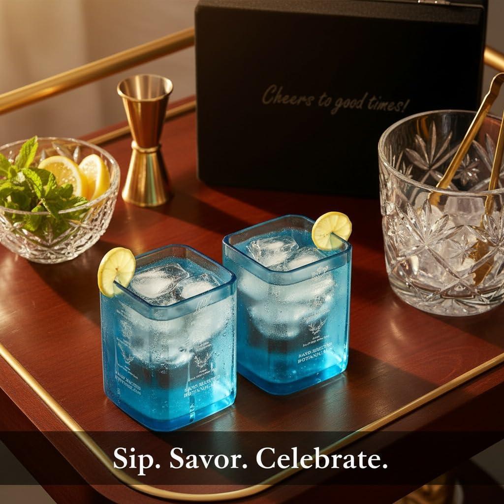 Upcycled Bombay Sapphire Gin Glasses for Drinks - Set of 2 with Velvet Gift Box | Eco-friendly Glassware handcrafted from Gin bottles | Ideal for Gin, Whiskey, Juices, Smoothies, Cocktails - Handmade Lifestyle Shop