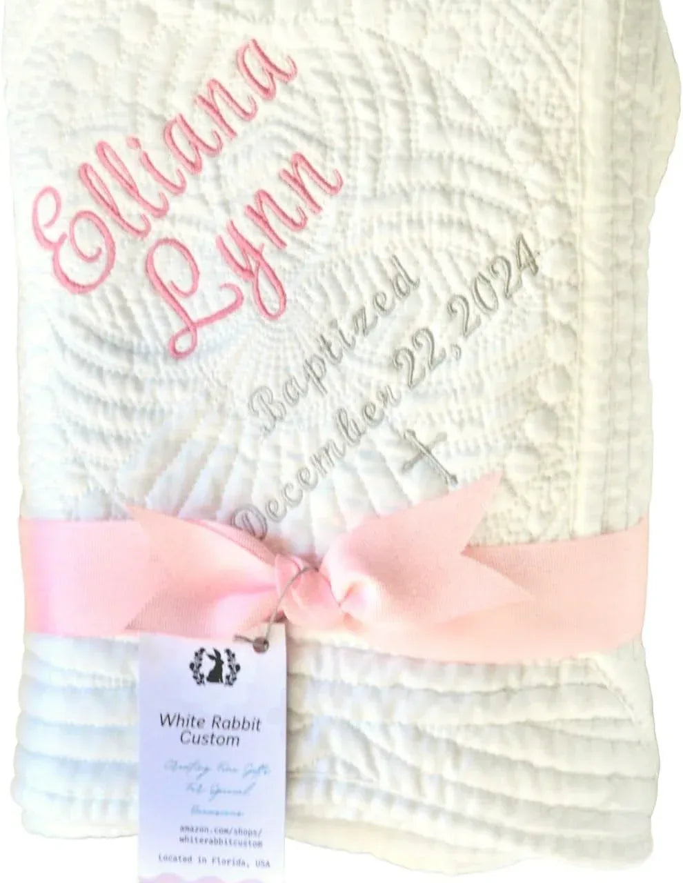 Personalized Baby Blanket Baptism Cotton Quilt Girl Boy Gift Embroidered Name Date Custom Monogrammed Grandparent Christian Gift Customized - Handmade Lifestyle Shop