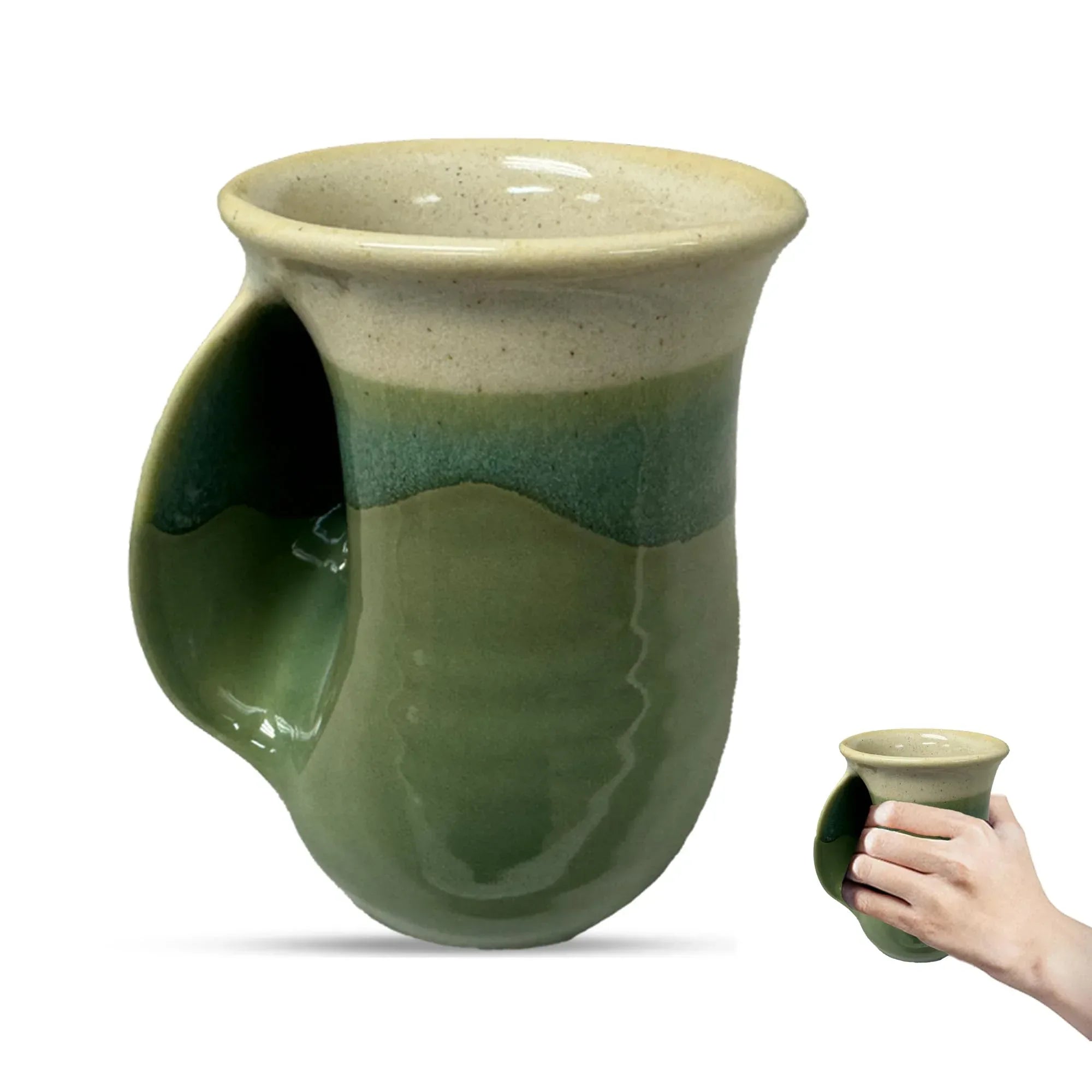 Clay in Motion Hand Warmer Coffee Mug – Handmade Coffee Mug With Comfortable Handle Contoured Pocket Hand Warming Ceramic Coffee Mug – Proudly Made in USA – Right Handed – 14 Oz - Island Oasis - Handmade Lifestyle Shop