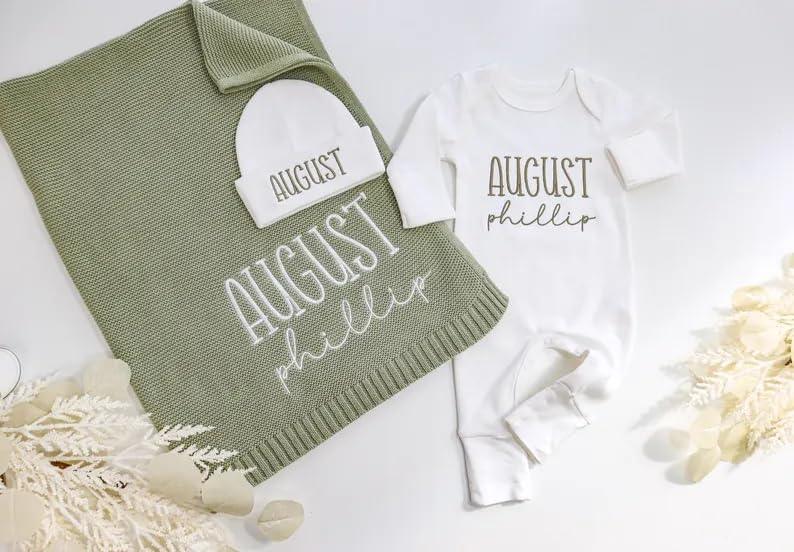 Custom Embroidered Baby Name Romper Set with Blanket,Personalized Newborn Outfit Set with Matching Onesie and Hat,Newborn Gift - Handmade Lifestyle Shop