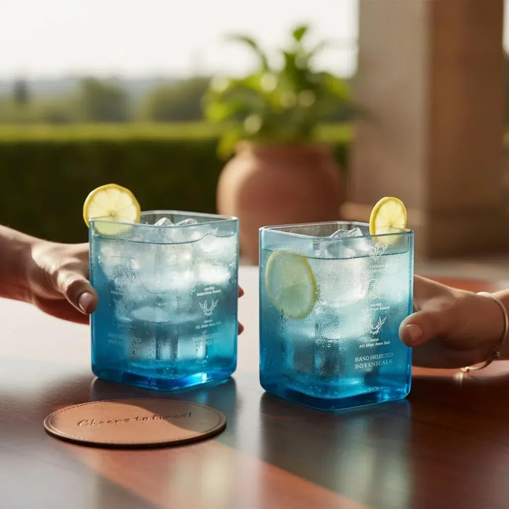 Upcycled Bombay Sapphire Gin Glasses for Drinks - Set of 2 with Velvet Gift Box | Eco-friendly Glassware handcrafted from Gin bottles | Ideal for Gin, Whiskey, Juices, Smoothies, Cocktails - Handmade Lifestyle Shop