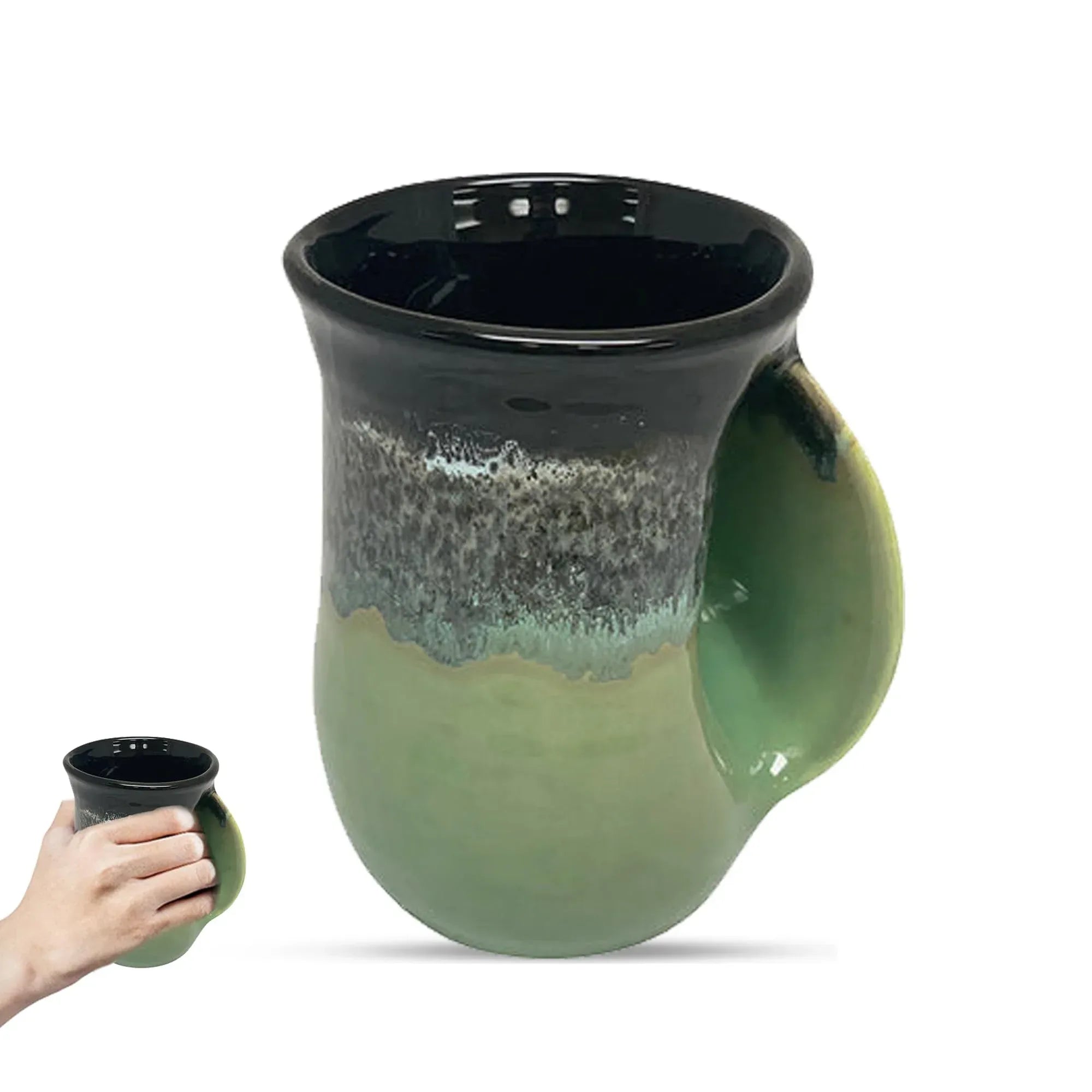 Clay in Motion Hand Warmer Coffee Mug – Handmade Coffee Mug With Comfortable Handle Contoured Pocket Hand Warming Ceramic Coffee Mug – Proudly Made in USA – Right Handed – 14 Oz - Island Oasis - Handmade Lifestyle Shop