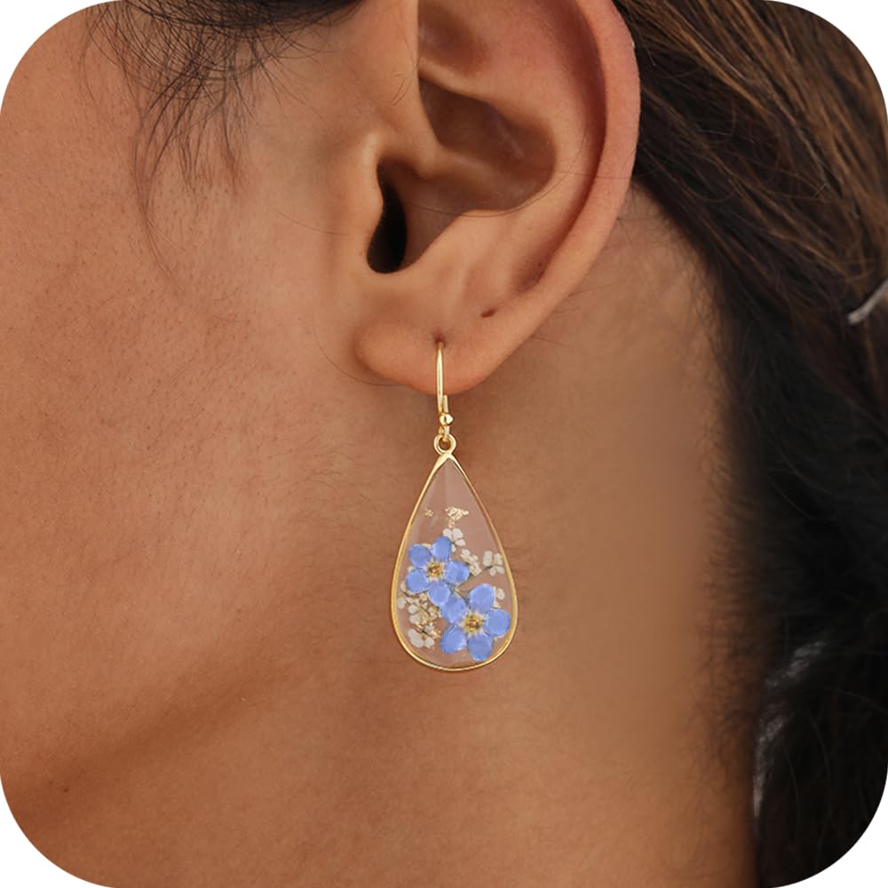 Forget-Me-Not and Queen Anne's Lace Pressed Wildflower Earrings | Pressed Flower Earrings | Handmade Drop and Dangle Earrings | Gift for Woman