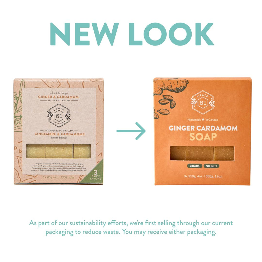 Crate 61 Organics, Handmade in Canada, Plant Based Natural Bar Soap Cold Pressed For Face & Body, w/Premium Essential Oils, For Men & Women 3 Pack (Ginger Cardamom)