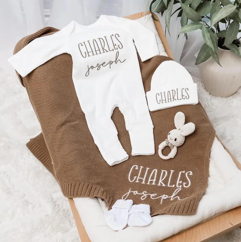 Custom Embroidered Baby Name Romper Set with Blanket,Personalized Newborn Outfit Set with Matching Onesie and Hat,Newborn Gift - Handmade Lifestyle Shop
