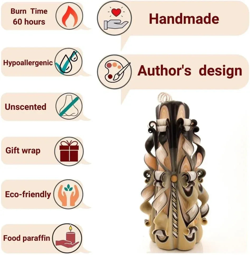 Beige Brown Hand Carved Pillar Candle 8.27" – Decorative Handmade Candle for Coffee Table, Fireplace Mantel or Living Room – Eco Friendly Long Burning Gift by NerotCandles - Handmade Lifestyle Shop