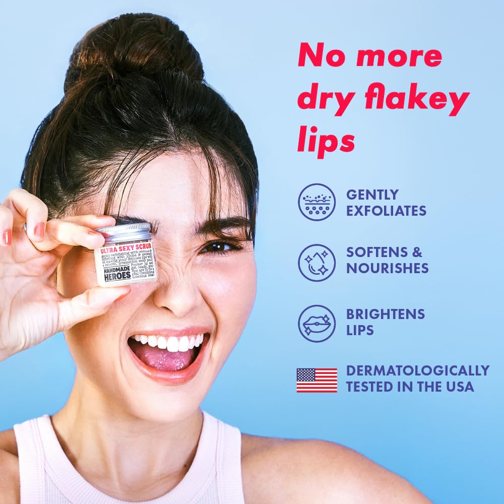 Handmade Heroes Peppermint Lip Scrub - 100% Natural Vegan Conditioning Lip Exfoliator & Sugar Polish for Dry Chapped Lips - Lip Plumper & Hydrating Lip Therapy for Smooth Supple Lips 1 oz