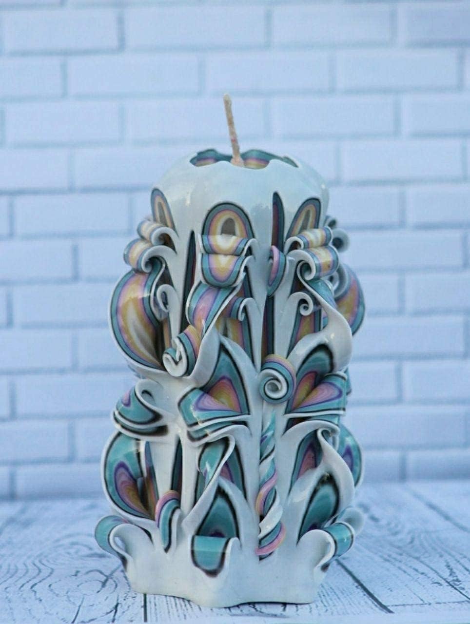 Handmade Carved Candle - Surprise Gift For Her - Decor Birthday Halloween Thanksgiving Christmas - Spiritual Living Room Home Decor Candles - Unique Engagement Wedding Idea - White Blue - Ordagio