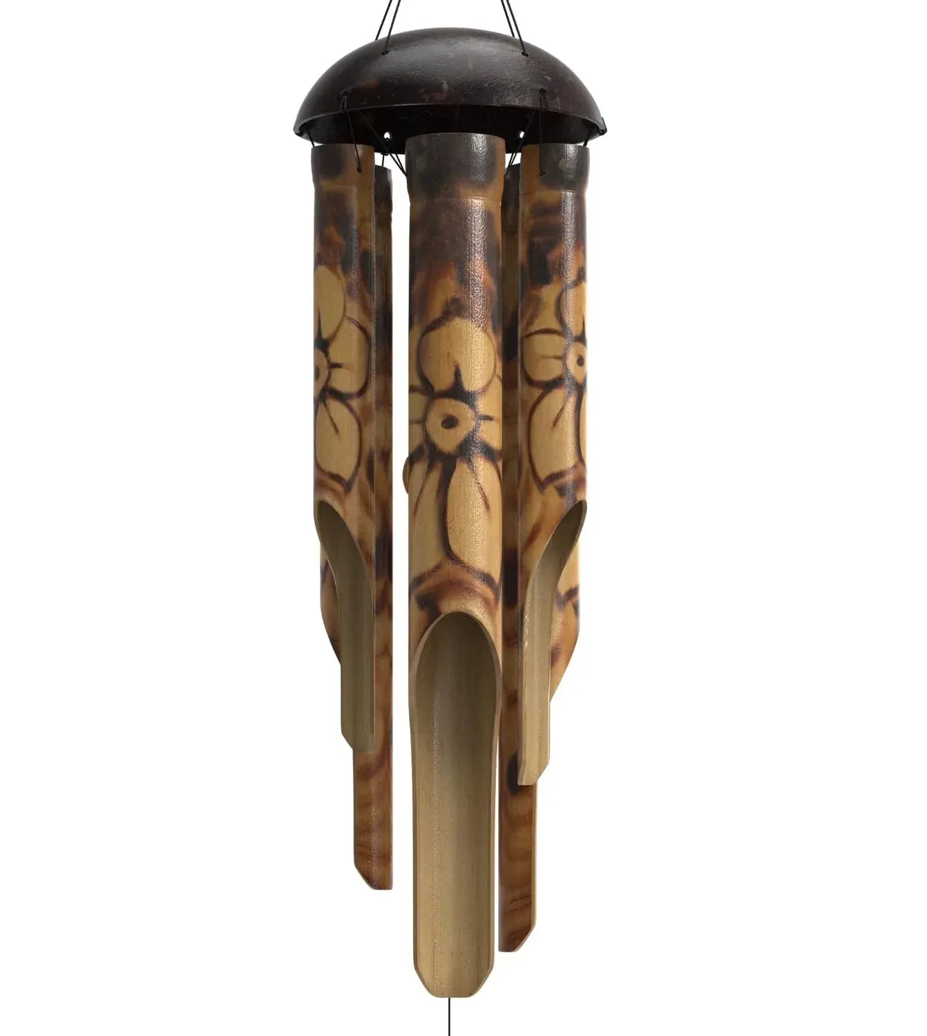 Rustic Bamboo Wind Chimes - Outside Outdoor Wooden Windchimes, Medium, Floral Burned Design with Coconut Crown, Handcrafted with Calming Deep Tones, Home Decor Ideal Gift for Him & Her - Handmade Lifestyle Shop