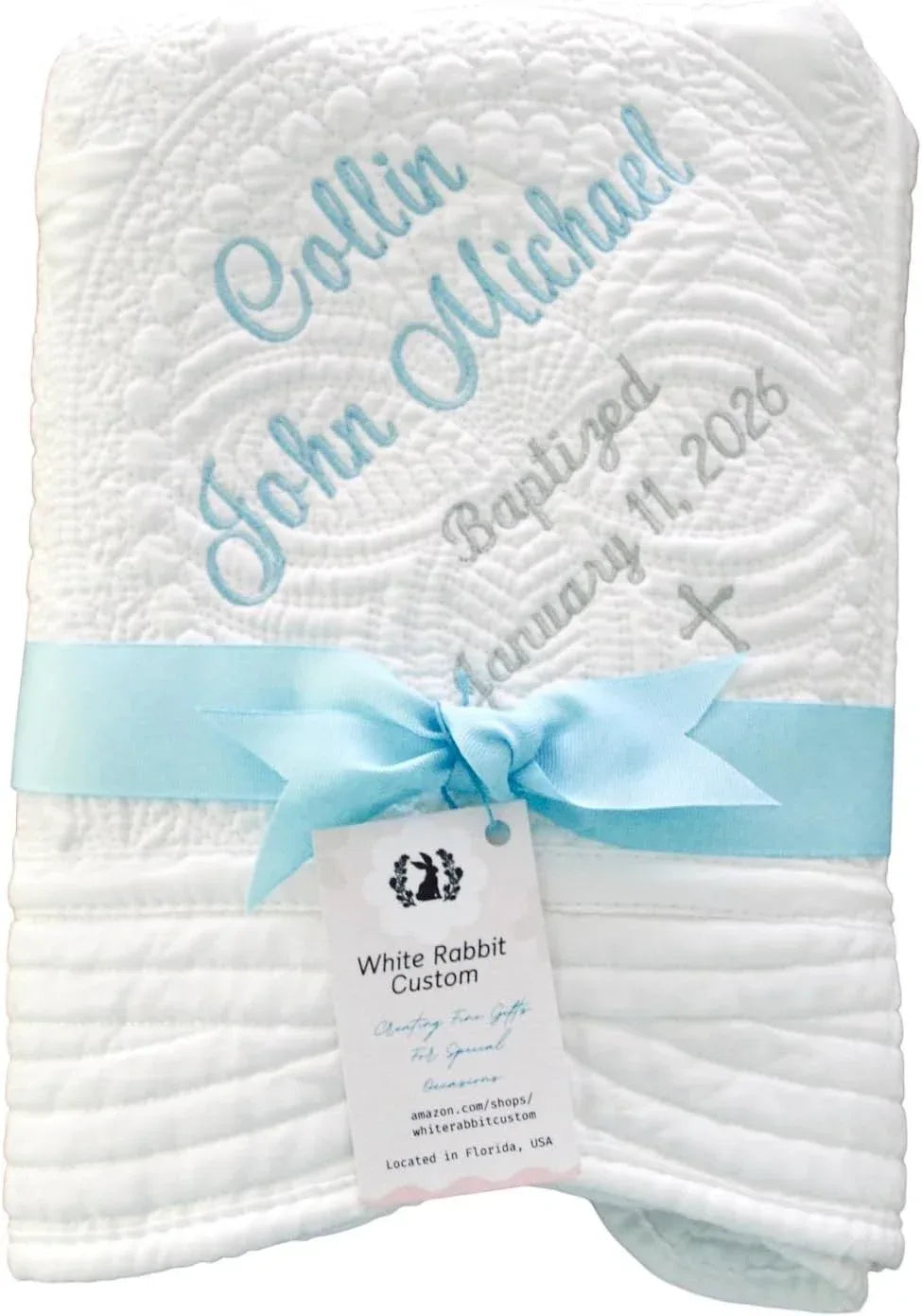 Personalized Baby Blanket Baptism Cotton Quilt Girl Boy Gift Embroidered Name Date Custom Monogrammed Grandparent Christian Gift Customized - Handmade Lifestyle Shop