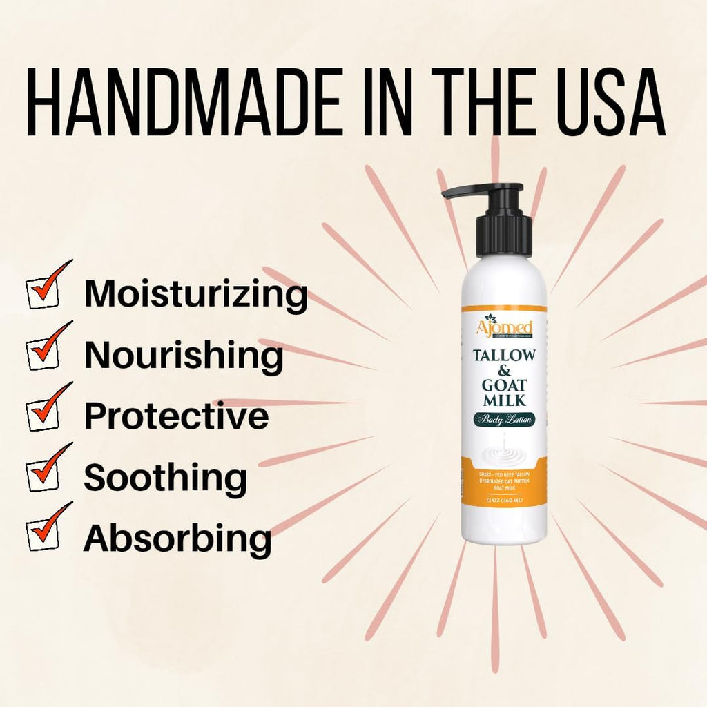 Tallow & Goat Milk Body Lotion for Sensitive Skin, Organic moisturizing Lotion - Soothes Dry skin, Goat Milk face and body Moisturizer - Handmade Tallow for skin cream (8 OZ, Oatmeal & Honey)