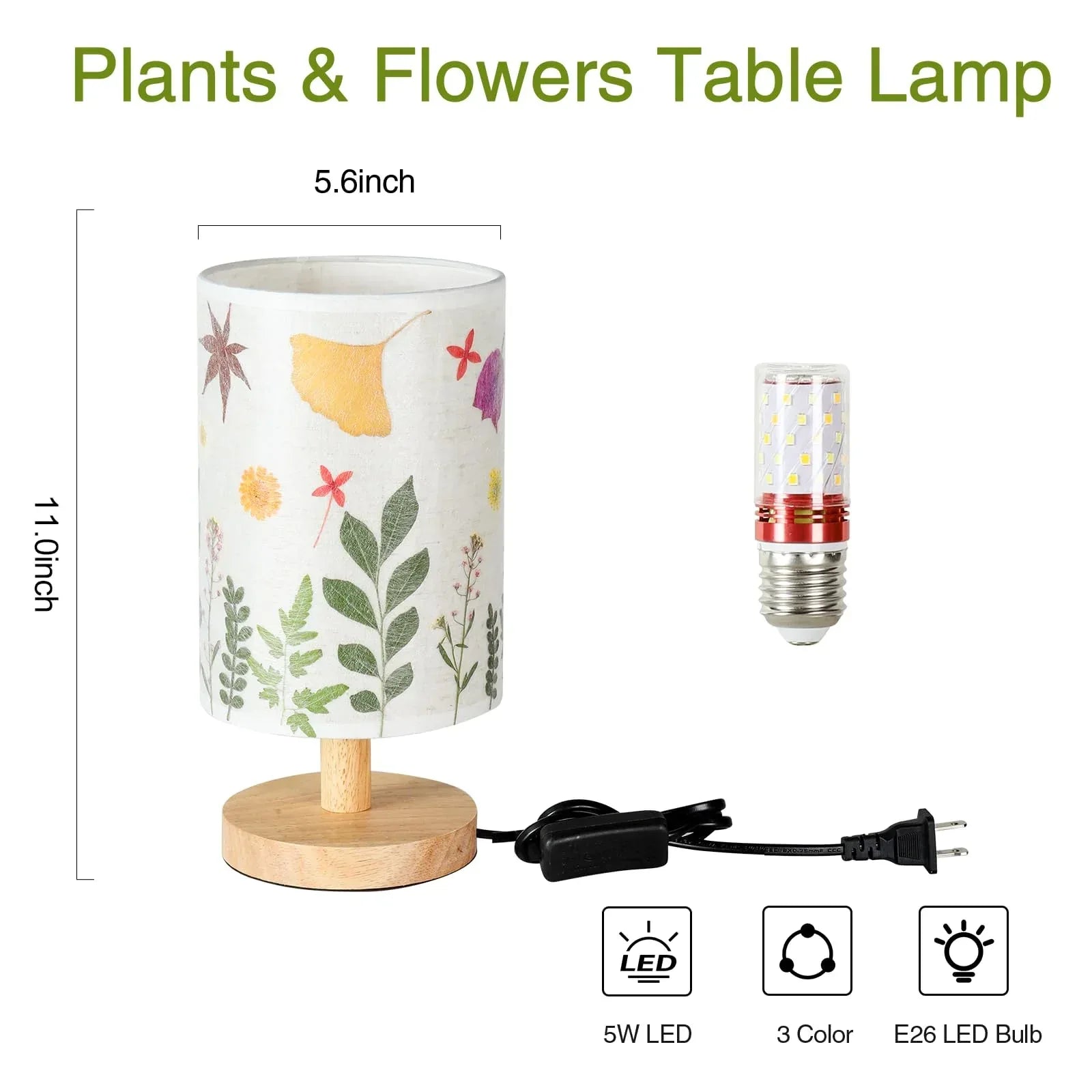 Dried Flowers Small Table Lamp 5W LED 3-Color Bedside Lamp Pressed Flowers Lampshade with Wood Base for Bedroom Living Room Desk Nursery - Handmade Lifestyle Shop