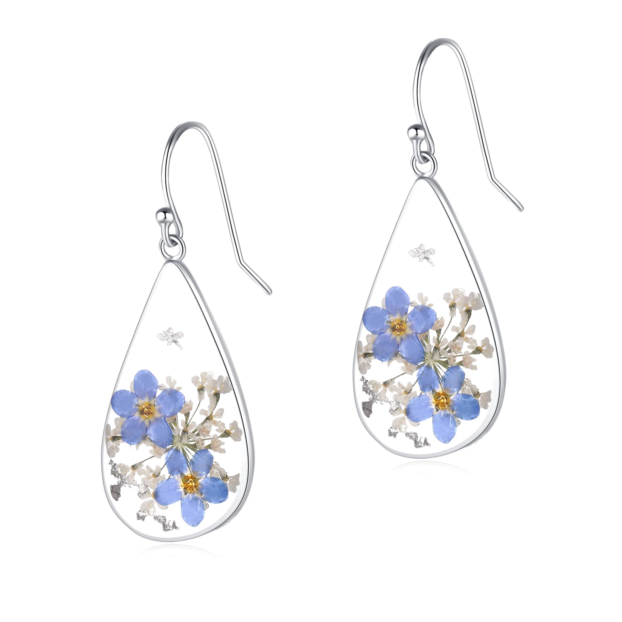 Forget-Me-Not and Queen Anne's Lace Pressed Wildflower Earrings | Pressed Flower Earrings | Handmade Drop and Dangle Earrings | Gift for Woman