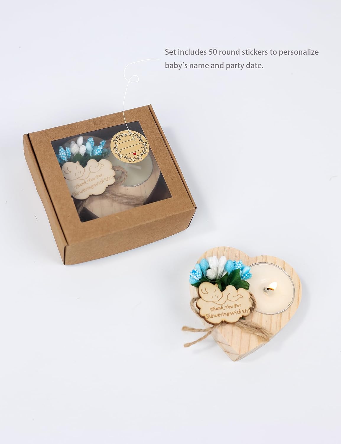 50 Piece Wooden Candle Holders, Baby Shower Party Favors for Boy,Baptism Candle Favors,Baby Christening Favors for Guests. (blue)