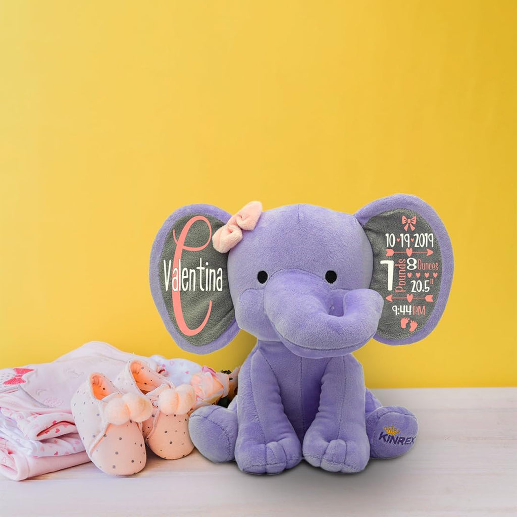Personalized Elephant Stuffed Animal - Custom Birth Stats Announcement Stuff Elephants Animals for Babies, Baby Shower, Boy, Girl, Newborn, Customized Keepsake Plush Bear Gifts, Pink 9 Inches