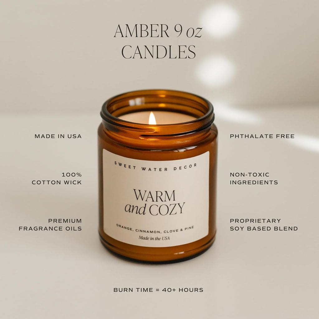 Sweet Water Decor Warm and Cozy Soy Candle - Orange Peel, Cinnamon, Ginger and Clove Scented Candles for Home - 9oz Amber Jar + Black Lid, 40+ Hour Burn Time, Made in The USA