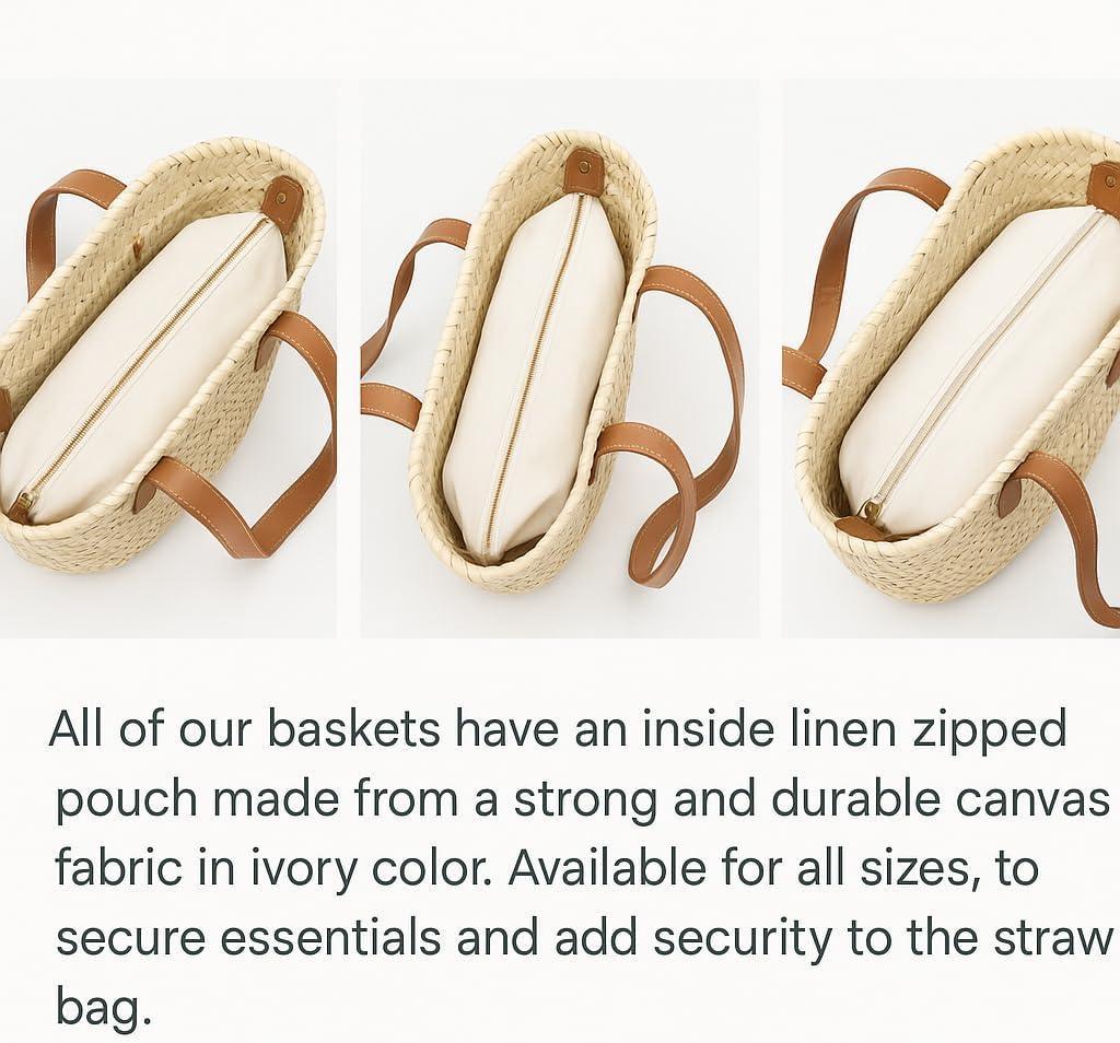 FRENCH BASKET Straw Beach Tote Bag with Leather Handles, Canvas Pouch & Zip Closure, Moroccan Market Basket for Summer - Handmade Lifestyle Shop