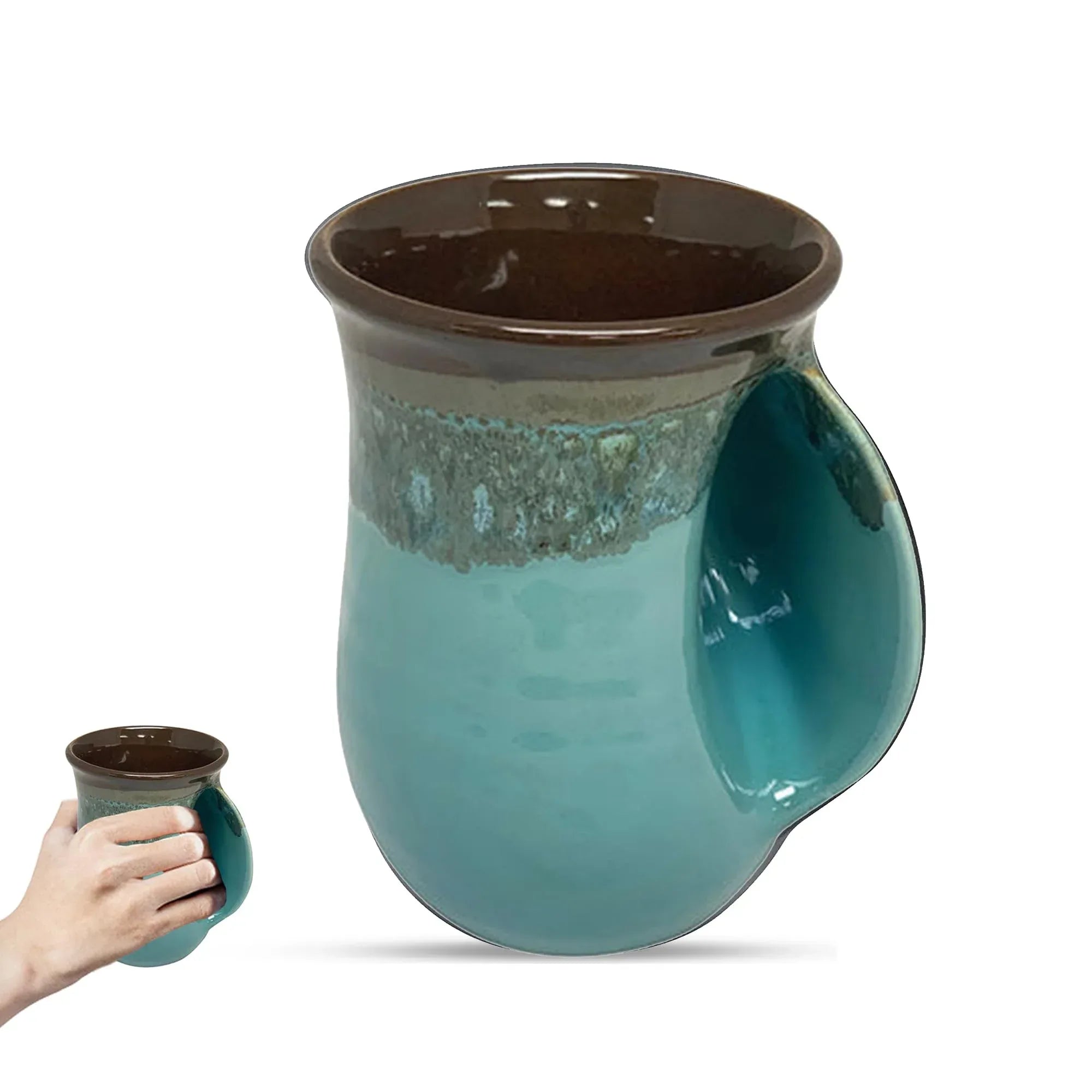 Clay in Motion Hand Warmer Coffee Mug – Handmade Coffee Mug With Comfortable Handle Contoured Pocket Hand Warming Ceramic Coffee Mug – Proudly Made in USA – Right Handed – 14 Oz - Island Oasis - Handmade Lifestyle Shop