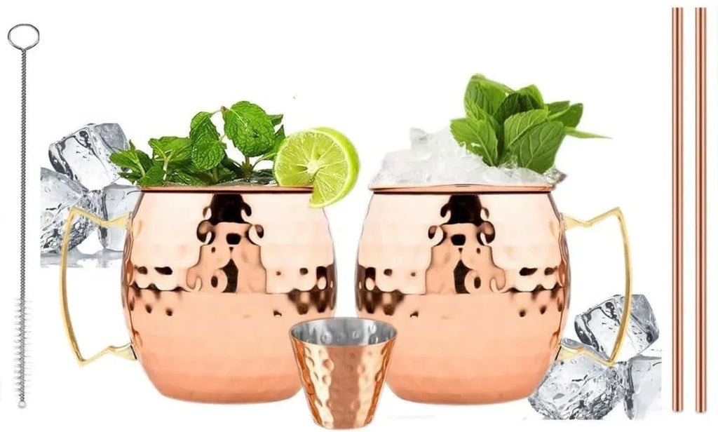 BOLD & DIVINE Moscow Mule Copper Mugs - Set of 2, 100% HANDCRAFTED - Food Safe Pure Copper Solid Mugs - 16 oz Gift Set with Premium Quality Cocktail Straws & Shot Glass! - Handmade Lifestyle Shop