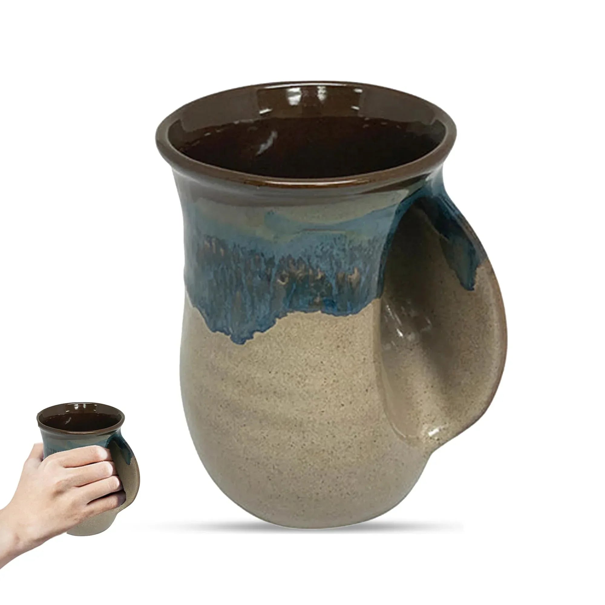 Clay in Motion Hand Warmer Coffee Mug – Handmade Coffee Mug With Comfortable Handle Contoured Pocket Hand Warming Ceramic Coffee Mug – Proudly Made in USA – Right Handed – 14 Oz - Island Oasis - Handmade Lifestyle Shop