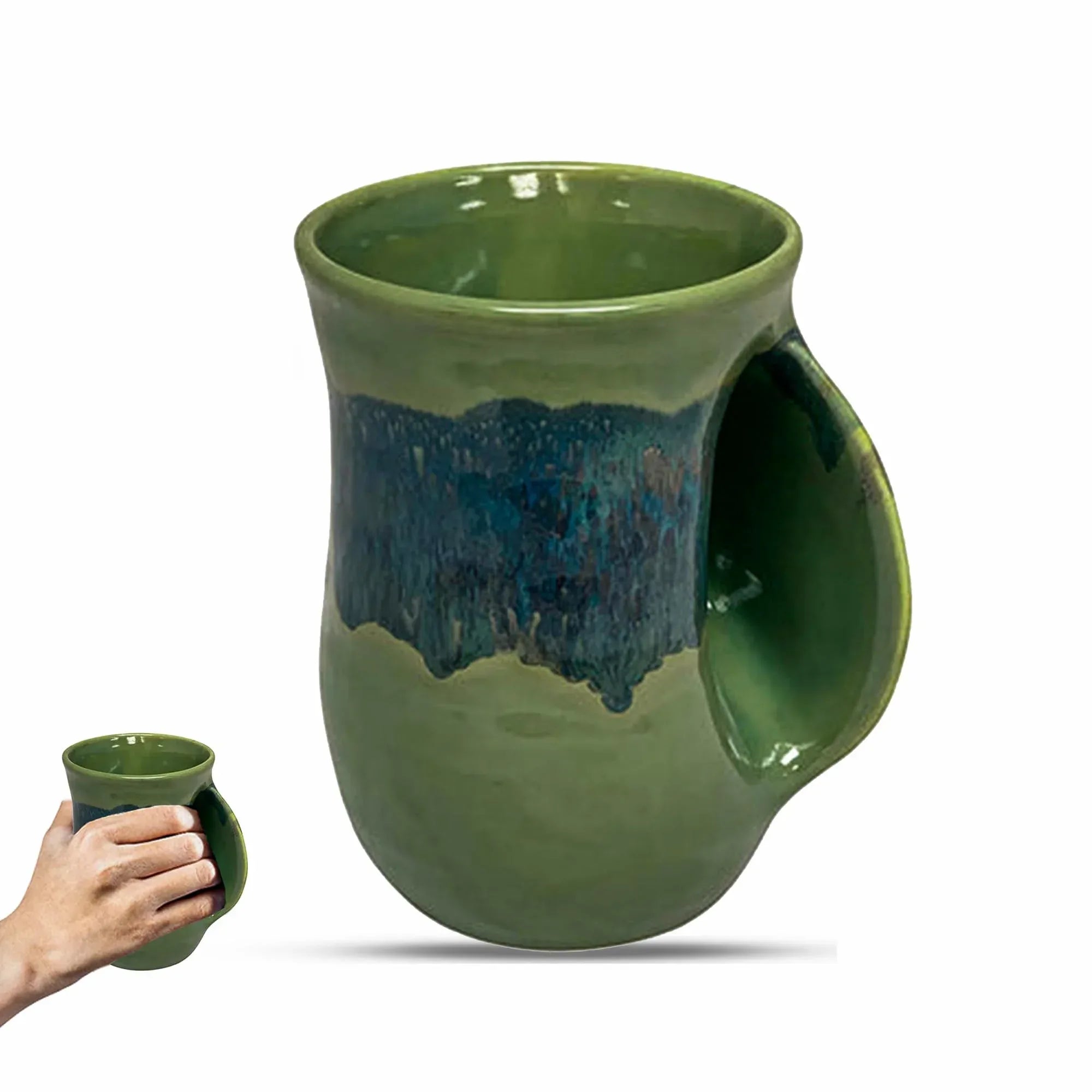 Clay in Motion Hand Warmer Coffee Mug – Handmade Coffee Mug With Comfortable Handle Contoured Pocket Hand Warming Ceramic Coffee Mug – Proudly Made in USA – Right Handed – 14 Oz - Island Oasis - Handmade Lifestyle Shop