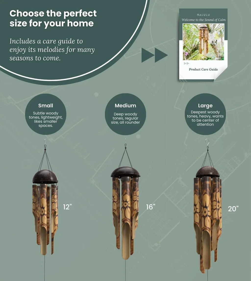 Rustic Bamboo Wind Chimes - Outside Outdoor Wooden Windchimes, Medium, Floral Burned Design with Coconut Crown, Handcrafted with Calming Deep Tones, Home Decor Ideal Gift for Him & Her - Handmade Lifestyle Shop