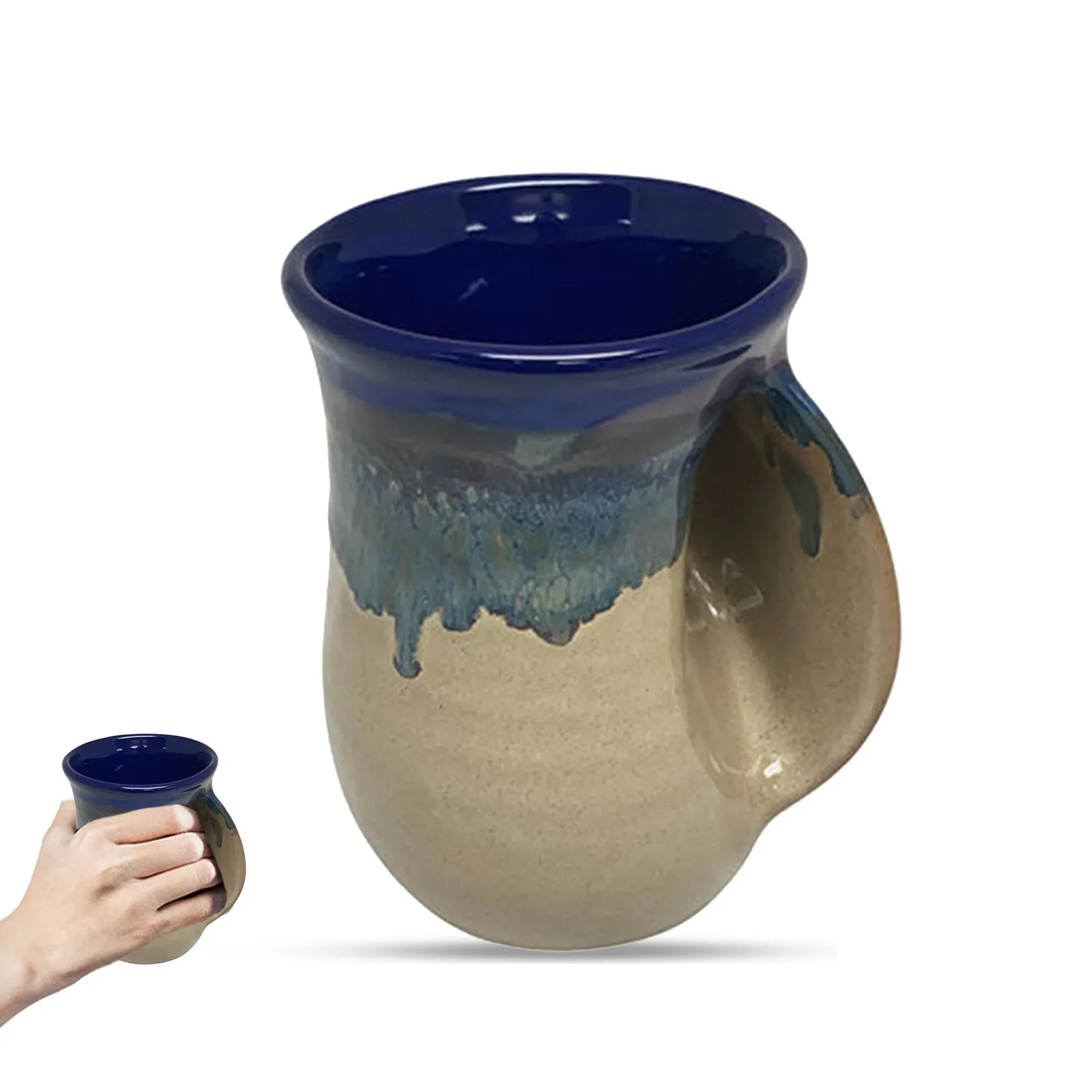 Clay in Motion Hand Warmer Coffee Mug – Handmade Coffee Mug With Comfortable Handle Contoured Pocket Hand Warming Ceramic Coffee Mug – Proudly Made in USA – Right Handed – 14 Oz - Island Oasis - Handmade Lifestyle Shop