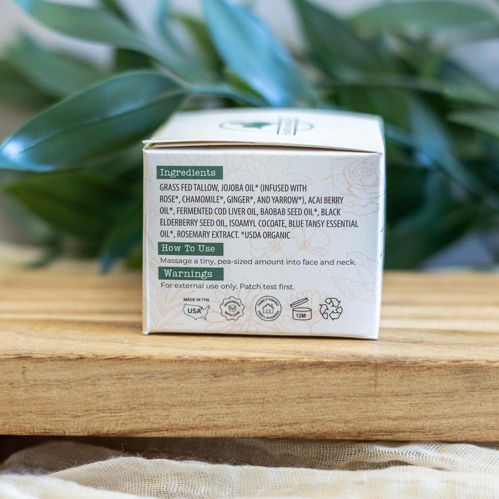 Hearth and Homestead: Handmade Wild Bloom Bio-Active Tallow Face Balm/Cream with Blue Tansy - Hydrate, Nourish, and Protect Skin - .7 oz - Handmade Lifestyle Shop