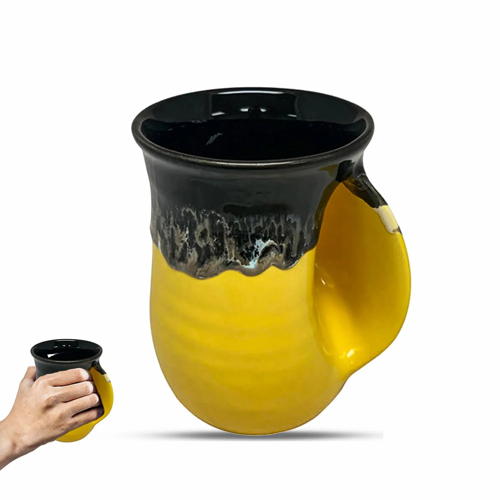 Clay in Motion Hand Warmer Coffee Mug – Handmade Coffee Mug With Comfortable Handle Contoured Pocket Hand Warming Ceramic Coffee Mug – Proudly Made in USA – Right Handed – 14 Oz - Island Oasis - Handmade Lifestyle Shop