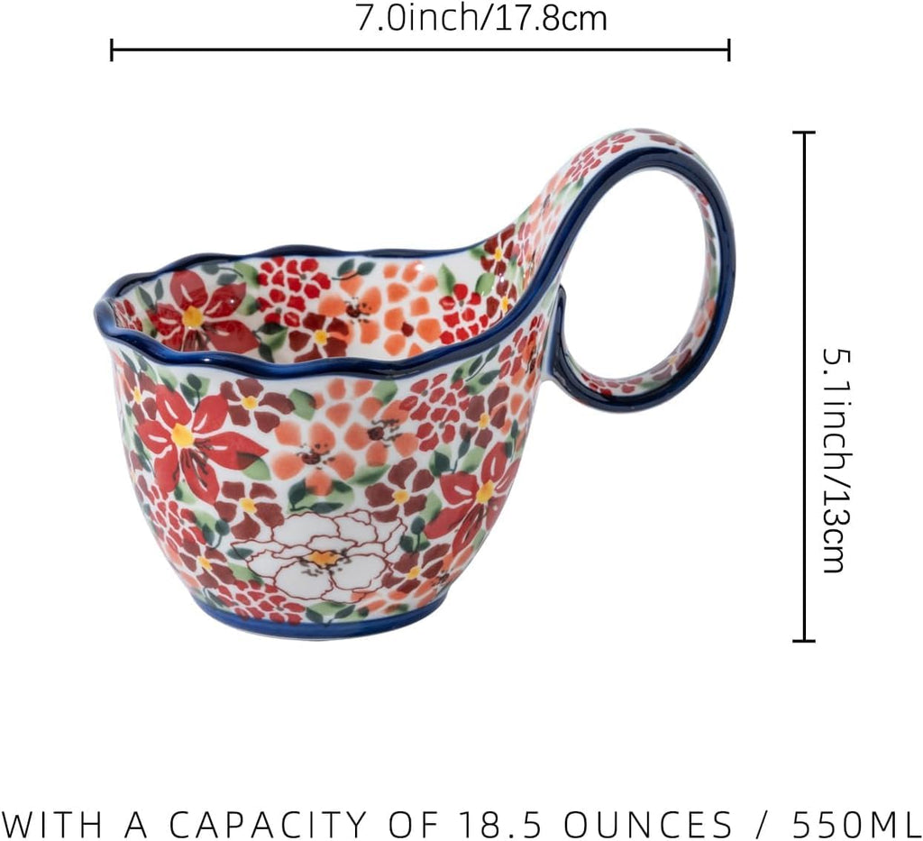 ALMA Handpainted Soup Bowl with Handle, 18.6oz Ceramic Cereal Bowl, Microwave &Dishwasher Safe,Loop Handle Bowl Great for Soup, Chili, Stew, Ice cream