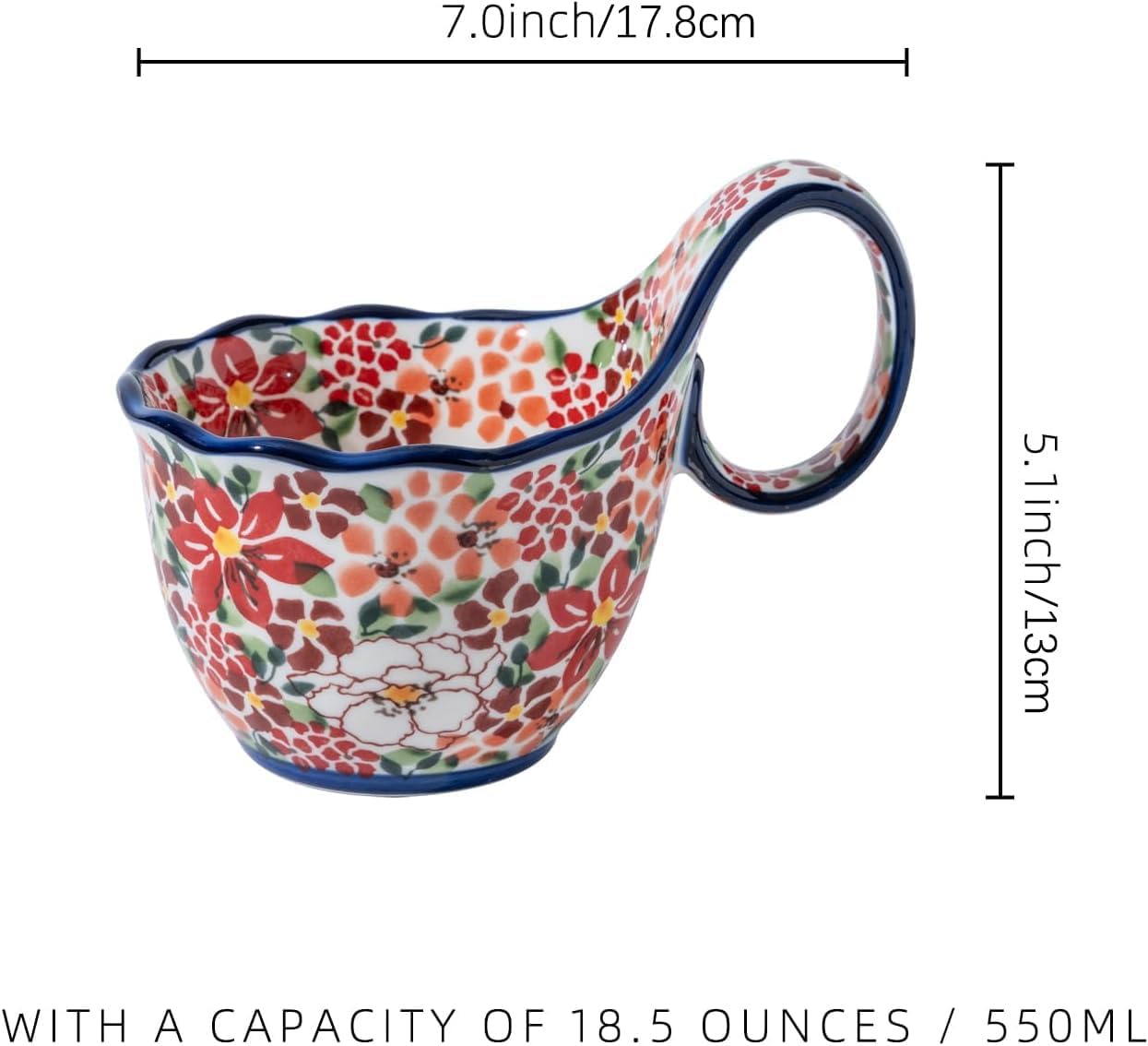 ALMA Handpainted Soup Bowl with Handle, 18.6oz Ceramic Cereal Bowl, Microwave &Dishwasher Safe,Loop Handle Bowl Great for Soup, Chili, Stew, Ice cream