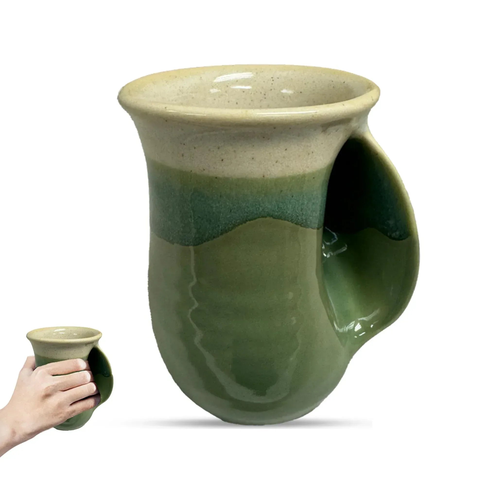 Clay in Motion Hand Warmer Coffee Mug – Handmade Coffee Mug With Comfortable Handle Contoured Pocket Hand Warming Ceramic Coffee Mug – Proudly Made in USA – Right Handed – 14 Oz - Island Oasis - Handmade Lifestyle Shop