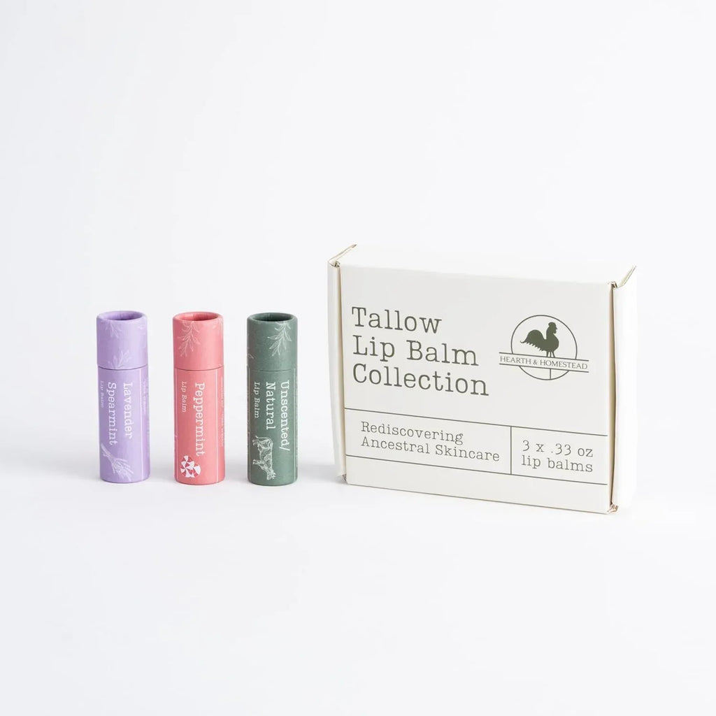 Hearth and Homestead: Handmade Tallow Lip Balm Collection: Unscented/Peppermint/Lavender-Spearmint (3x .33 oz) - Handmade Lifestyle Shop