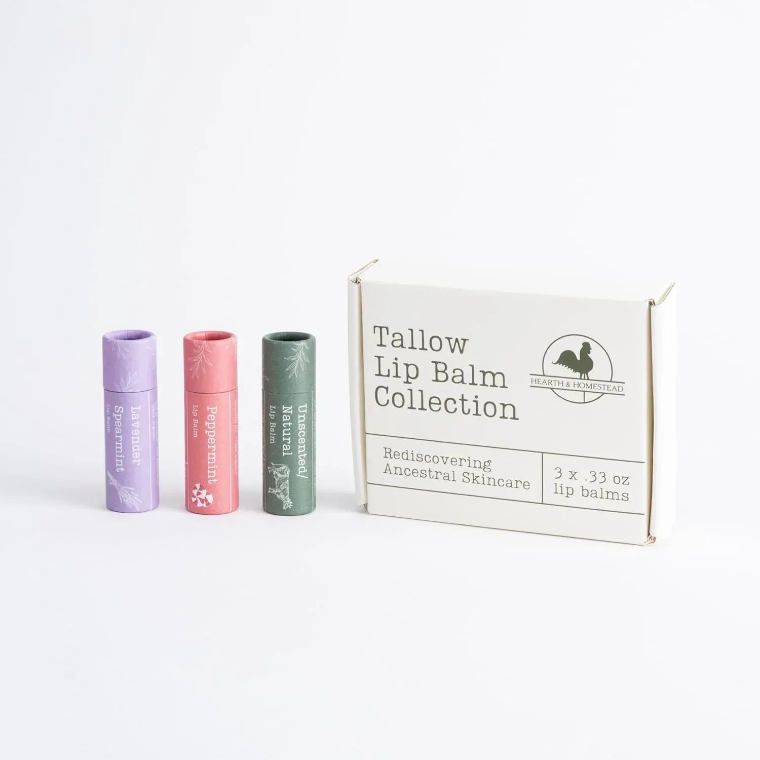 Hearth and Homestead: Handmade Tallow Lip Balm Collection: Unscented/Peppermint/Lavender-Spearmint (3x .33 oz) - Handmade Lifestyle Shop