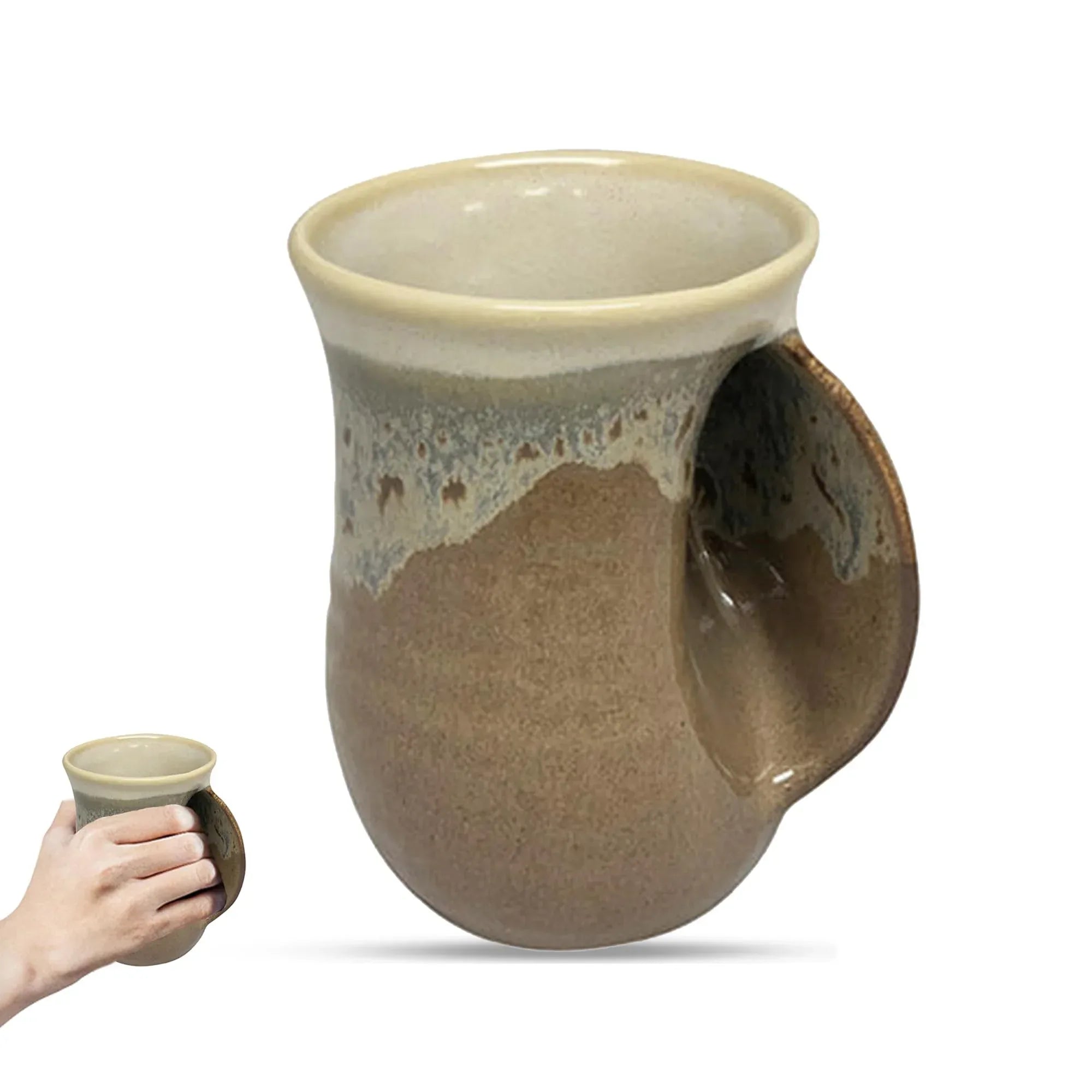 Clay in Motion Hand Warmer Coffee Mug – Handmade Coffee Mug With Comfortable Handle Contoured Pocket Hand Warming Ceramic Coffee Mug – Proudly Made in USA – Right Handed – 14 Oz - Island Oasis - Handmade Lifestyle Shop