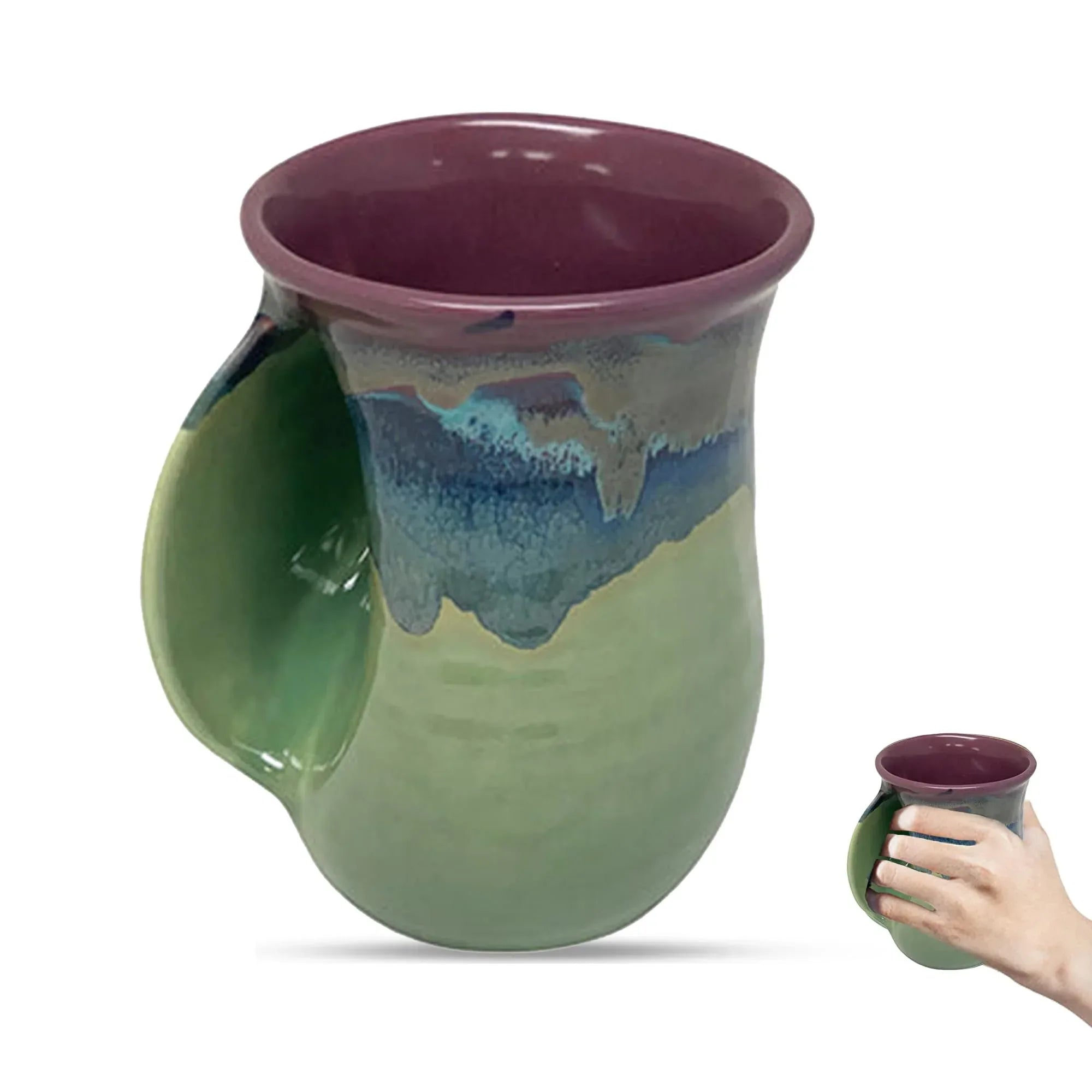 Clay in Motion Hand Warmer Coffee Mug – Handmade Coffee Mug With Comfortable Handle Contoured Pocket Hand Warming Ceramic Coffee Mug – Proudly Made in USA – Right Handed – 14 Oz - Island Oasis - Handmade Lifestyle Shop