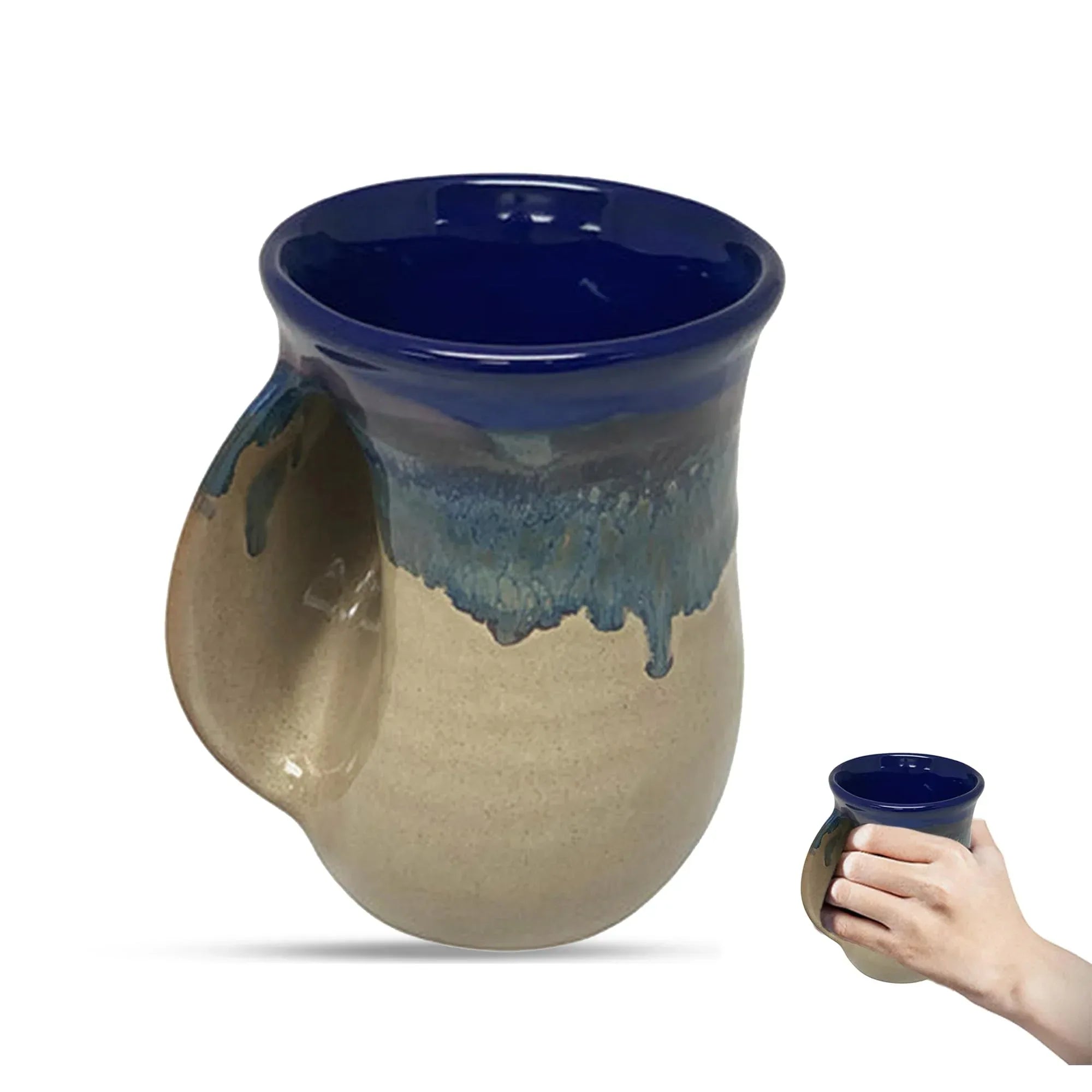 Clay in Motion Hand Warmer Coffee Mug – Handmade Coffee Mug With Comfortable Handle Contoured Pocket Hand Warming Ceramic Coffee Mug – Proudly Made in USA – Right Handed – 14 Oz - Island Oasis - Handmade Lifestyle Shop