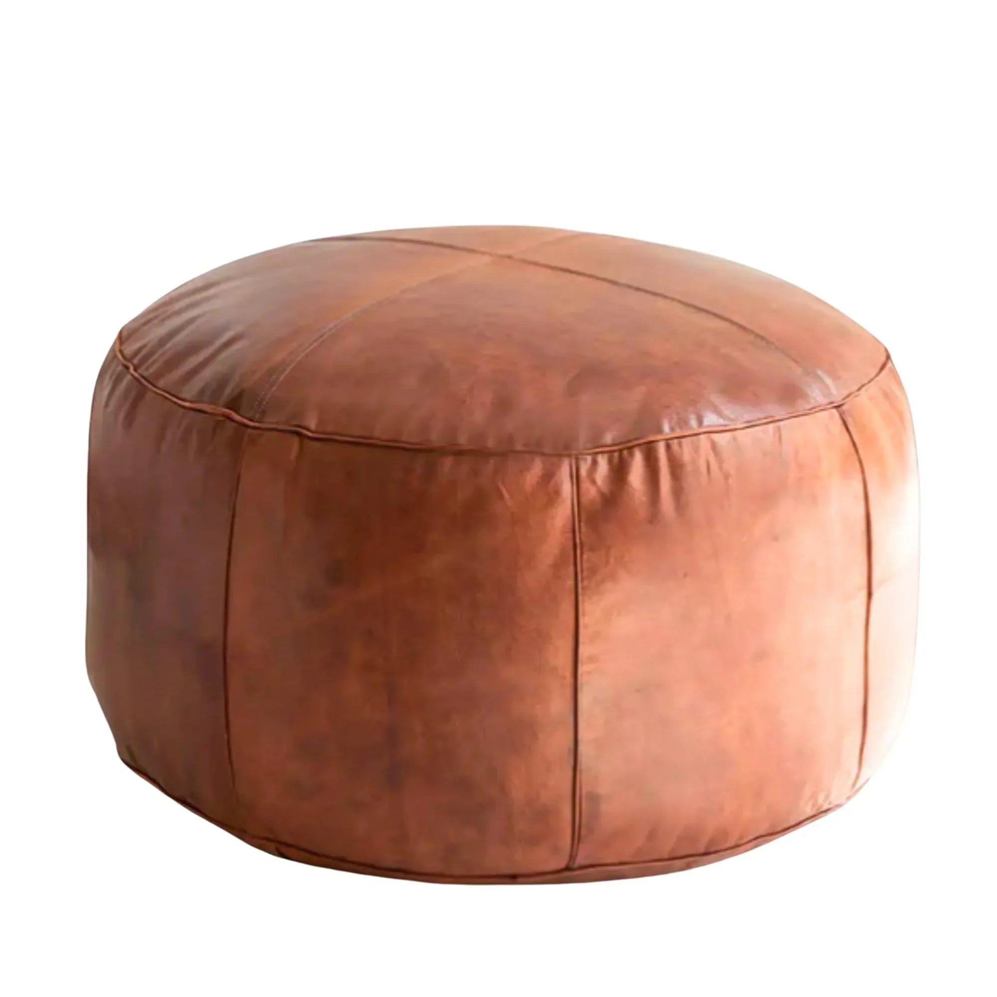 Handmade Moroccan Round Leather Pouf – Delivered Unstuffed – Ottoman, Footstool, Footrest, Hassock, Floor Cushion – Versatile Artisan Accent (Tan, 12"×12"×12" in) - Handmade Lifestyle Shop
